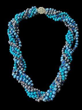 6 Strand Genuine Freshwater Pearl Torsade Necklace Blue Crystal Beads